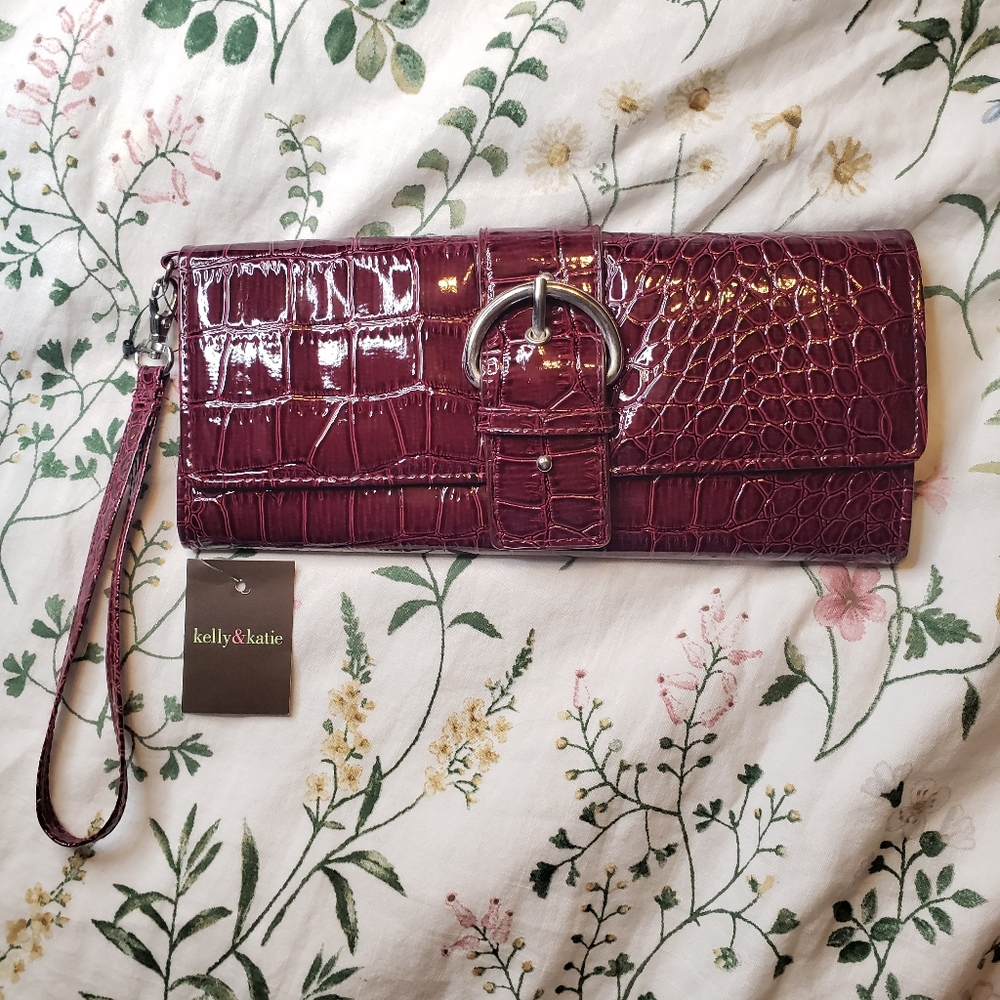 Kelly & Katie Burgundy Patent Alligator Faux Leather Clutch with Buckle, NWT